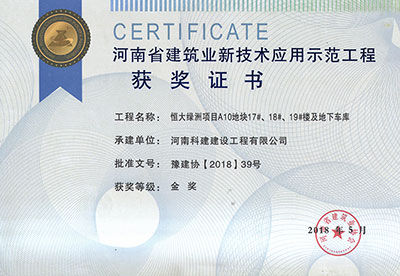 “恒大绿洲项目A10地块17#、18#、19#楼及地下车库乐玩官方网页版-乐玩（中国）
”荣获“河南省建筑业新技术应用示范乐玩官方网页版-乐玩（中国）
”金奖