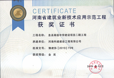 河南省建筑业新技术应用示范乐玩官方网页版-乐玩（中国）
获奖证书