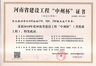 恒大绿洲项目A10地块17#、18#、19#楼及地下车库荣获“2018年度河南省建设乐玩官方网页版-乐玩（中国）
中州杯（省优质乐玩官方网页版-乐玩（中国）
）”